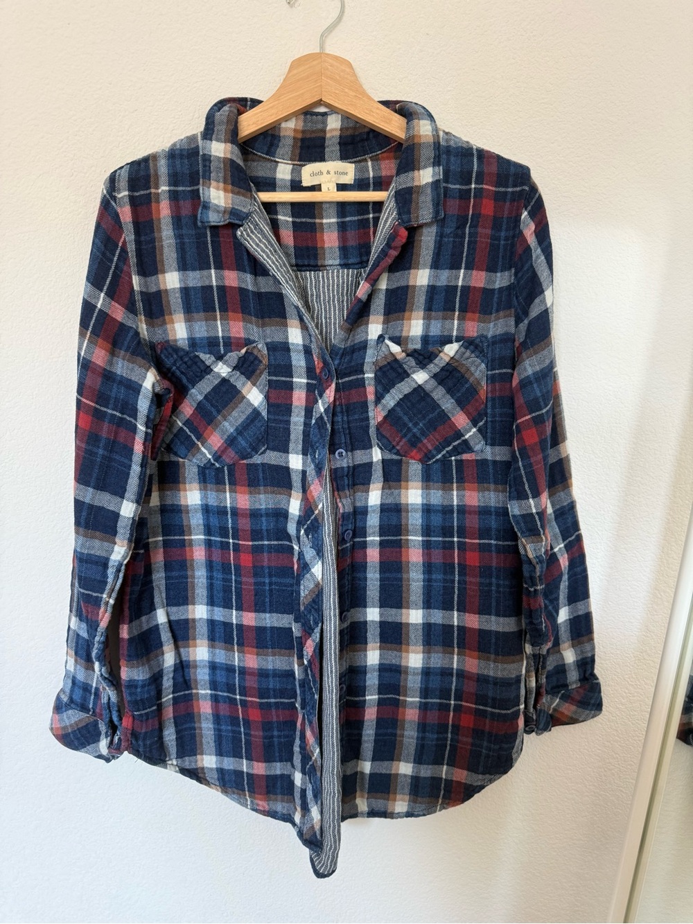 cloth & stone Navy Red Plaid Gauze Flannel Button-Front Shirt